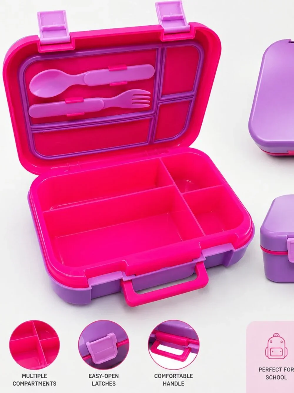 Kids Bento Lunch Box Pink Purple Leak Resistant Food Container w/ Spoon & Fork